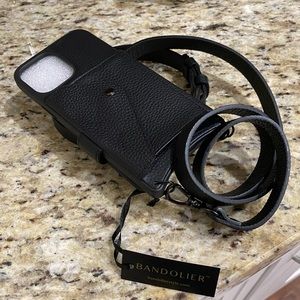 Bandolier leather crossbody in Black/Pewter (adjustable strap). iPhone 13 ProMax